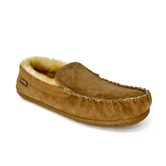 LL Bean Wicked Good Slippers Venetian Mens Size 10 Suede Leather Shearling EUC - Picture 1 of 10